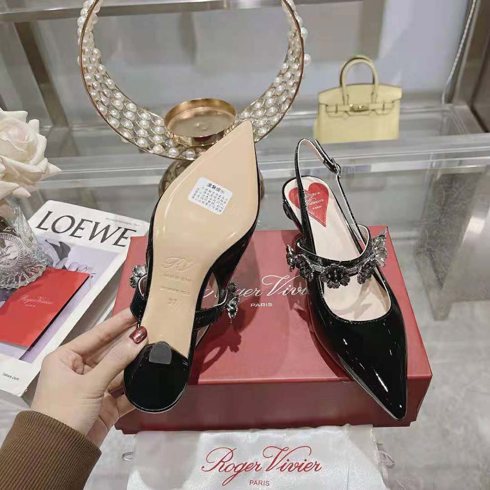 Roger Vivier Women Virgule Flower Slingback Pumps in Patent Leather-Black - image 10