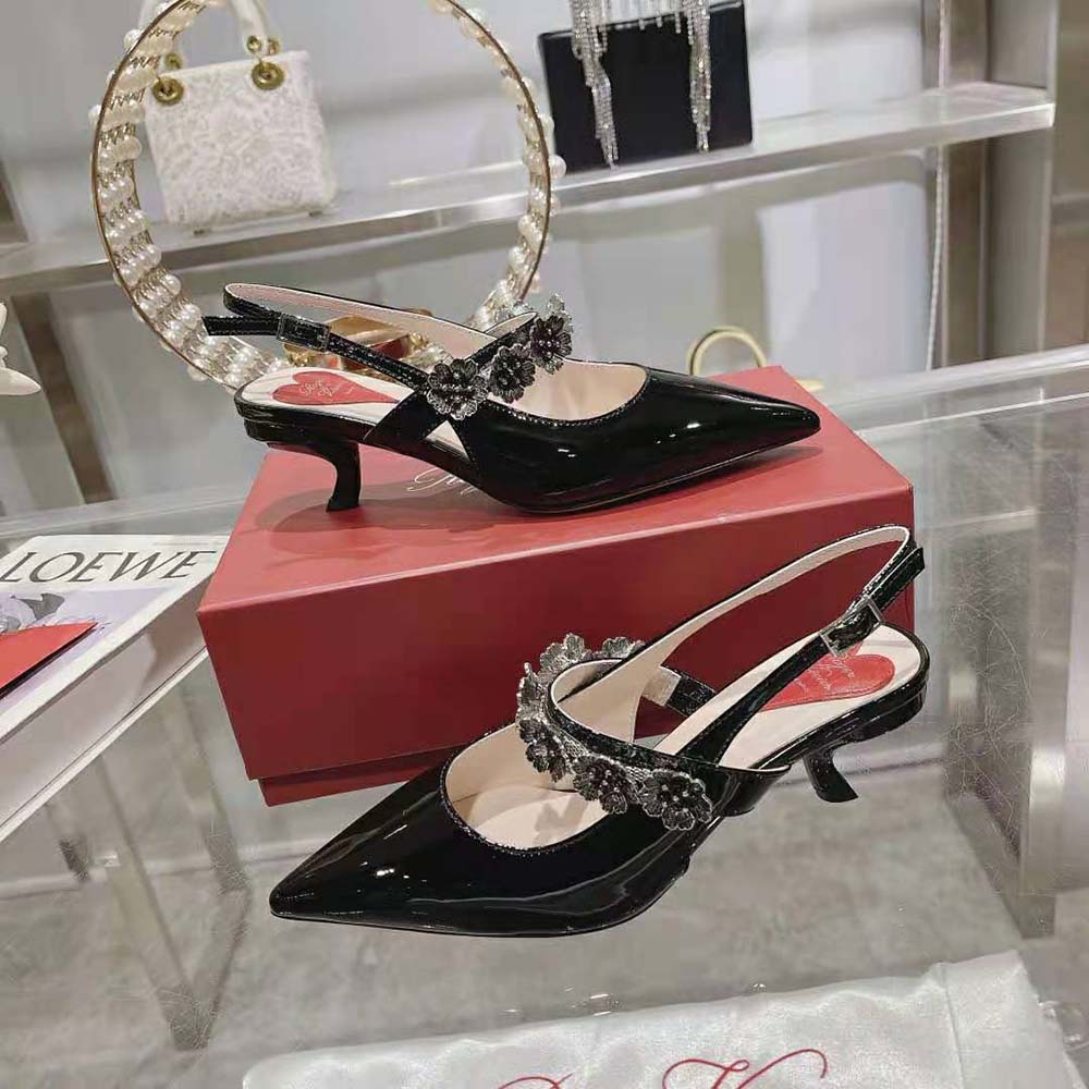 Roger Vivier Women Virgule Flower Slingback Pumps in Patent Leather-Black - image 5