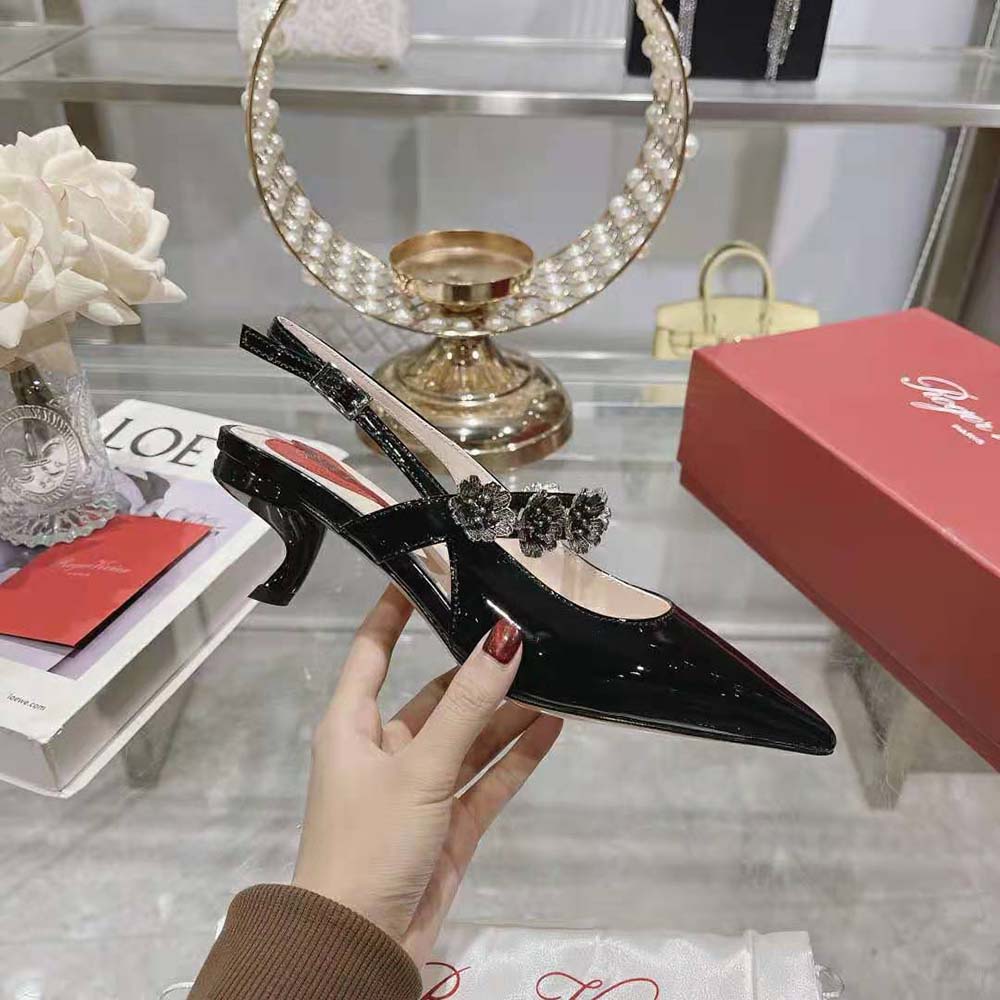 Roger Vivier Women Virgule Flower Slingback Pumps in Patent Leather-Black - image 7