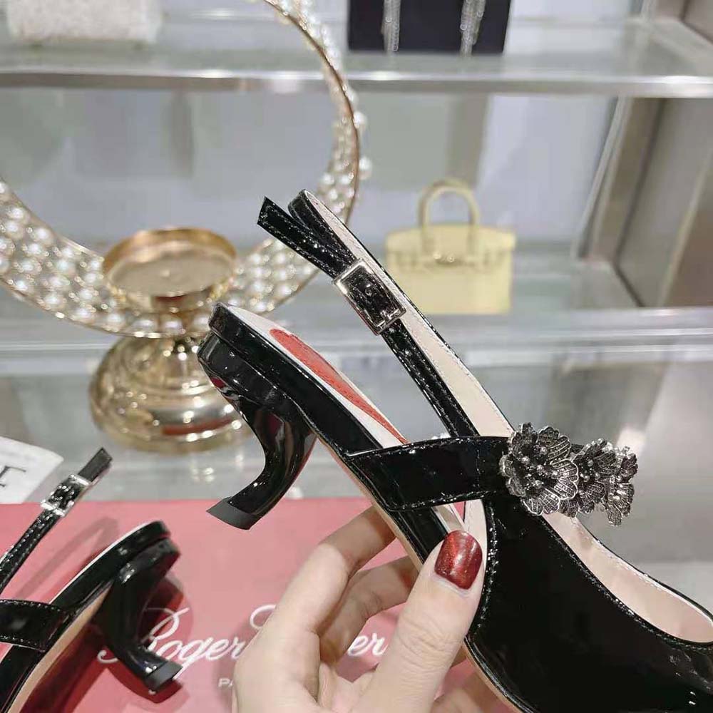 Roger Vivier Women Virgule Flower Slingback Pumps in Patent Leather-Black - image 8
