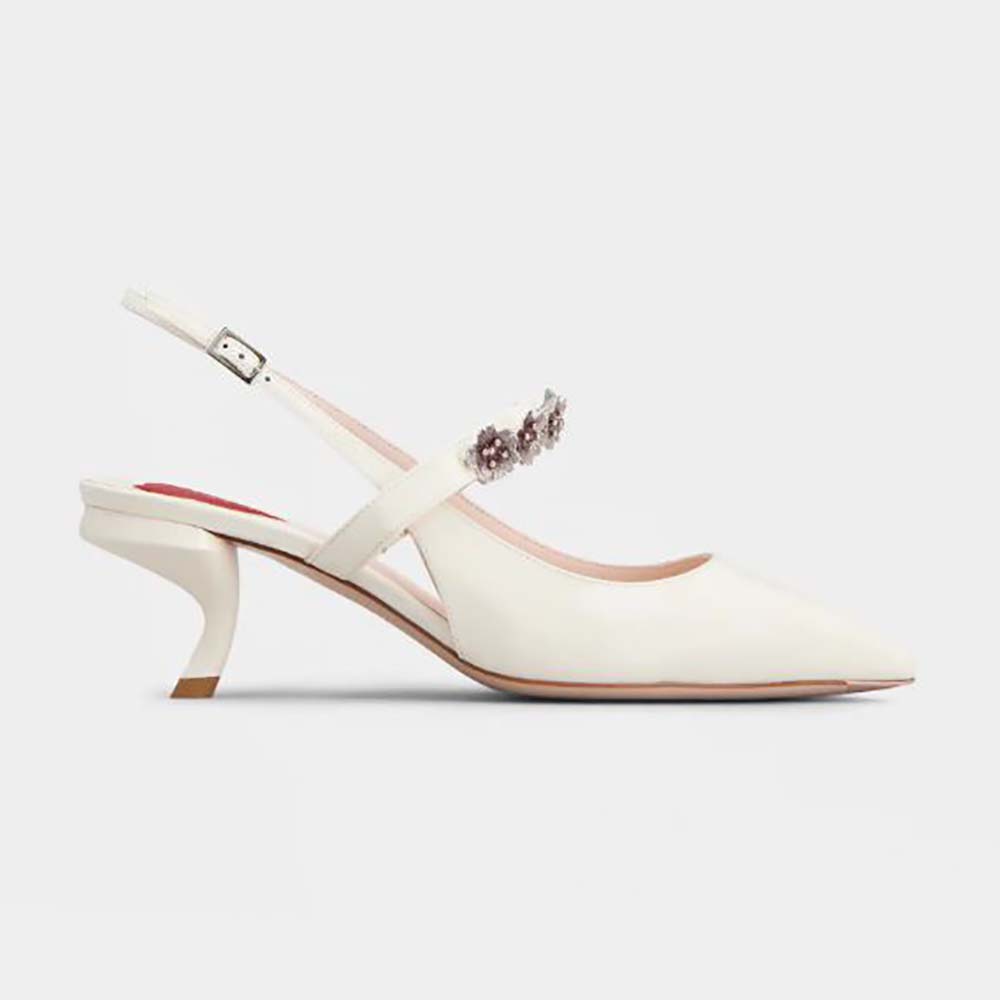 Side view of Roger Vivier Women Virgule Flower Slingback Pumps in White patent leather
