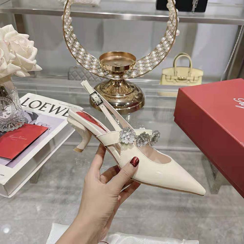 Roger Vivier Women Virgule Flower Slingback Pumps in Patent Leather-White - image 6