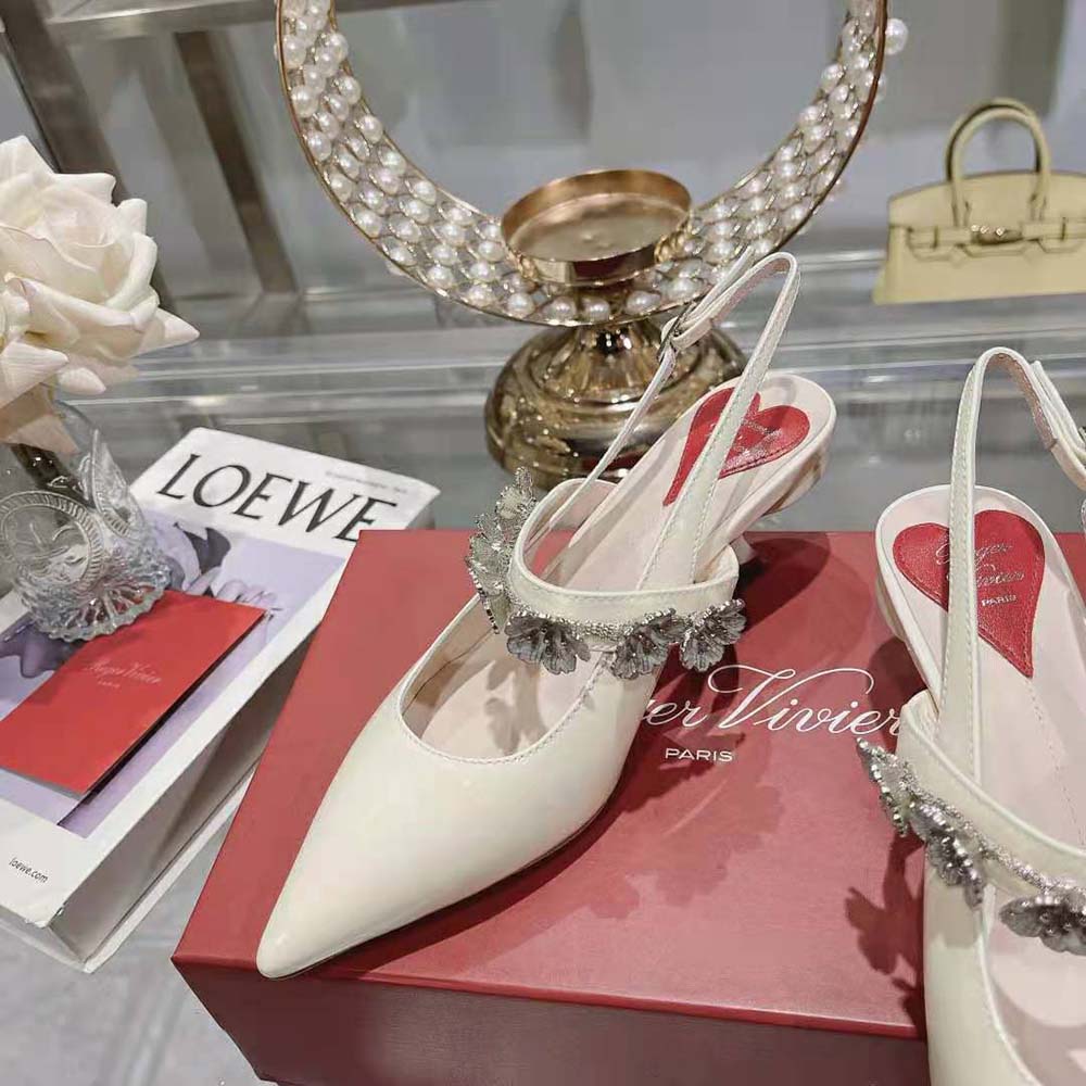 Roger Vivier Women Virgule Flower Slingback Pumps in Patent Leather-White - image 7