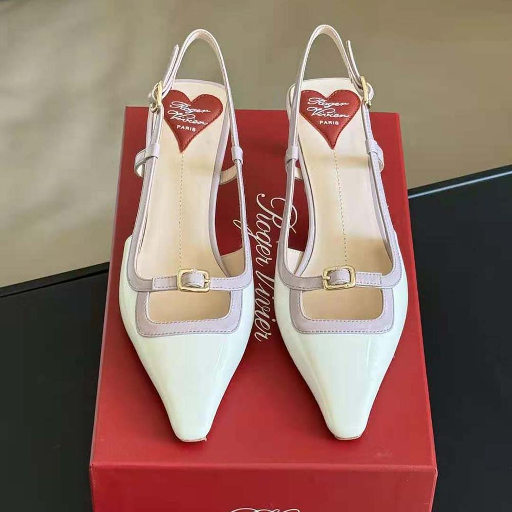 Close-up of signature crystal buckle on Roger Vivier Viv’ Canard Pumps