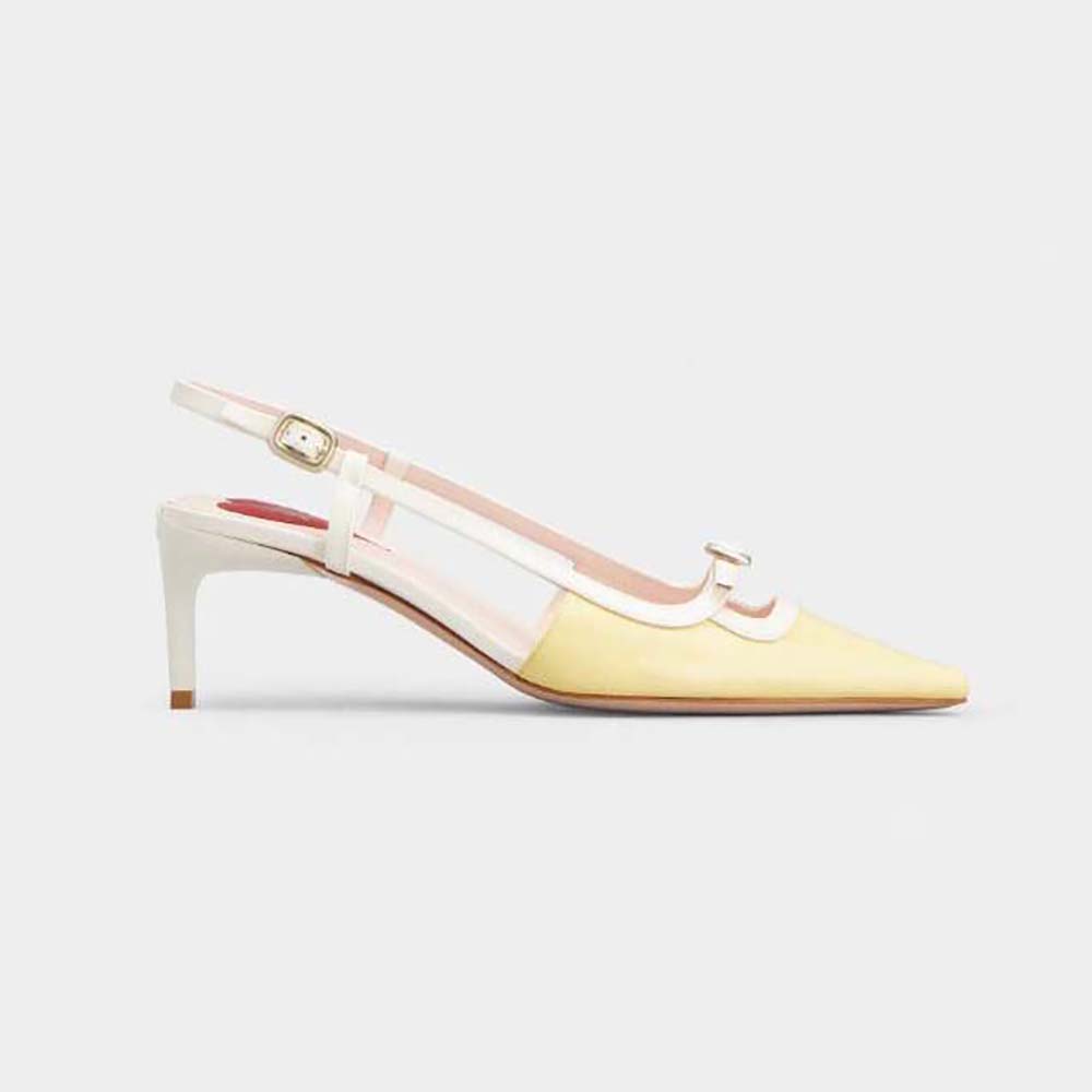 Side profile of Roger Vivier Women Viv’ Canard Slingback Pumps in yellow patent leather