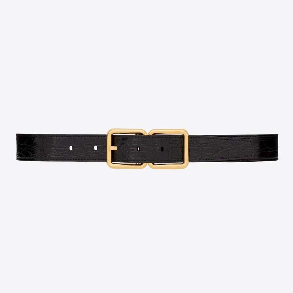 Front view of Saint Laurent YSL Women Double Buckle Belt in black crocodile leather