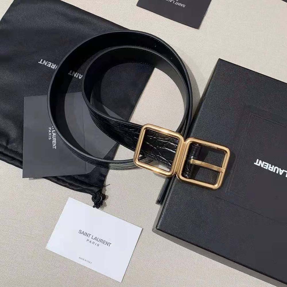 Close-up of gold double buckle on Saint Laurent YSL Women Double Buckle Belt