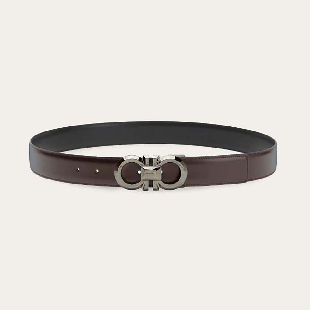 Front view of Salvatore Ferragamo Men Reversible and Adjustable Gancini Belt-Black