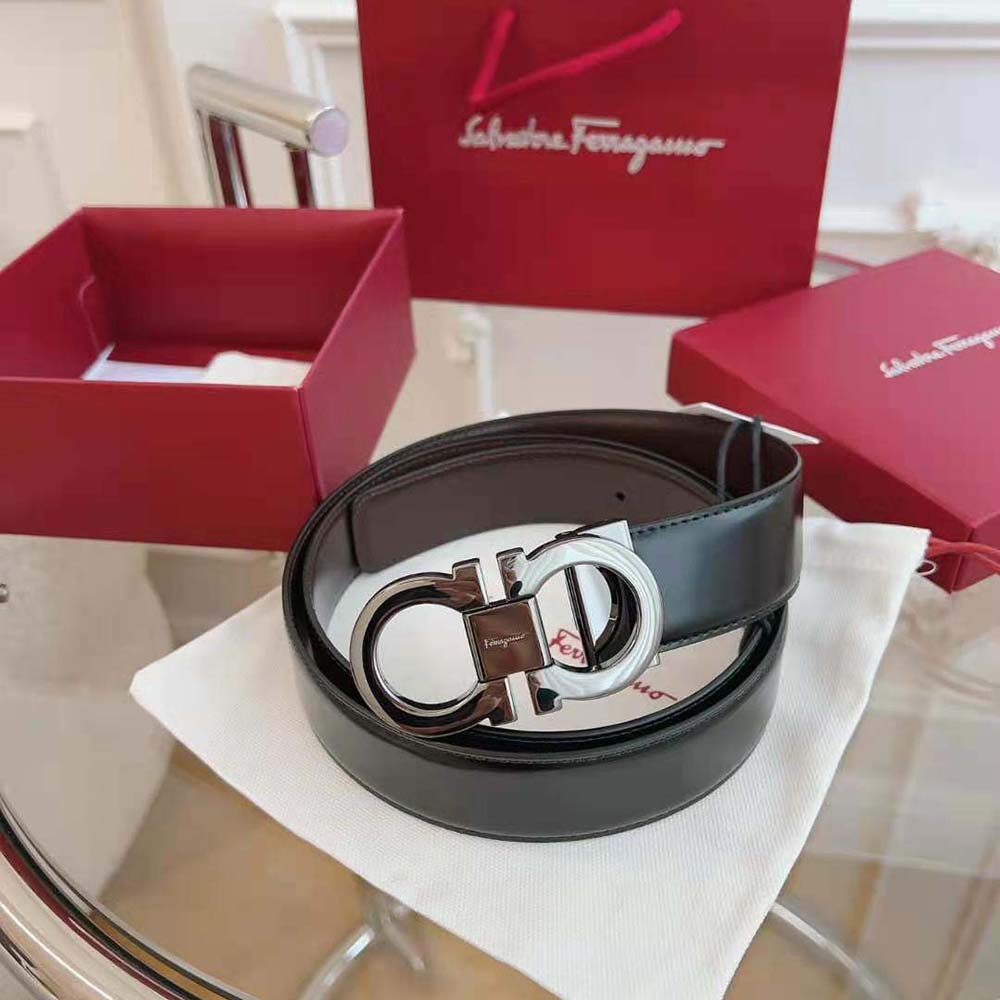 Close-up of silver-tone Gancini buckle on Salvatore Ferragamo belt