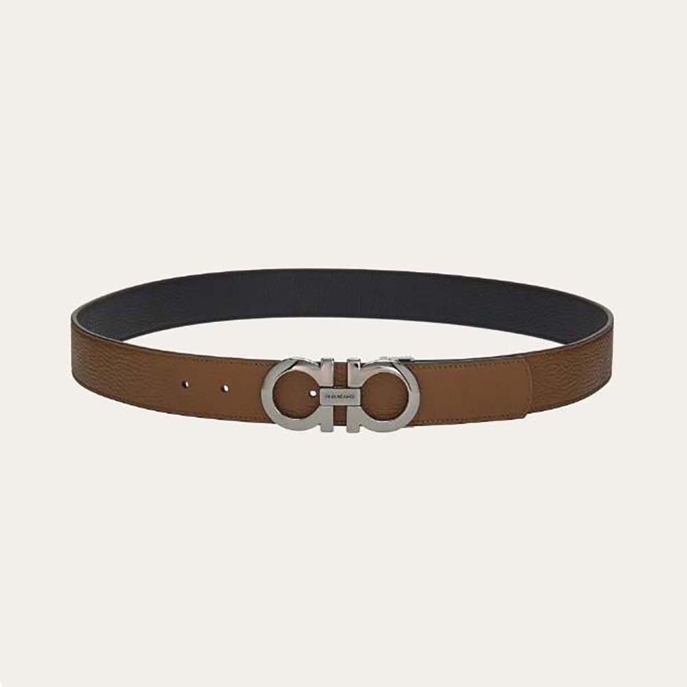 Front view of Salvatore Ferragamo Men Reversible and Adjustable Gancini Belt-Brown showing buckle
