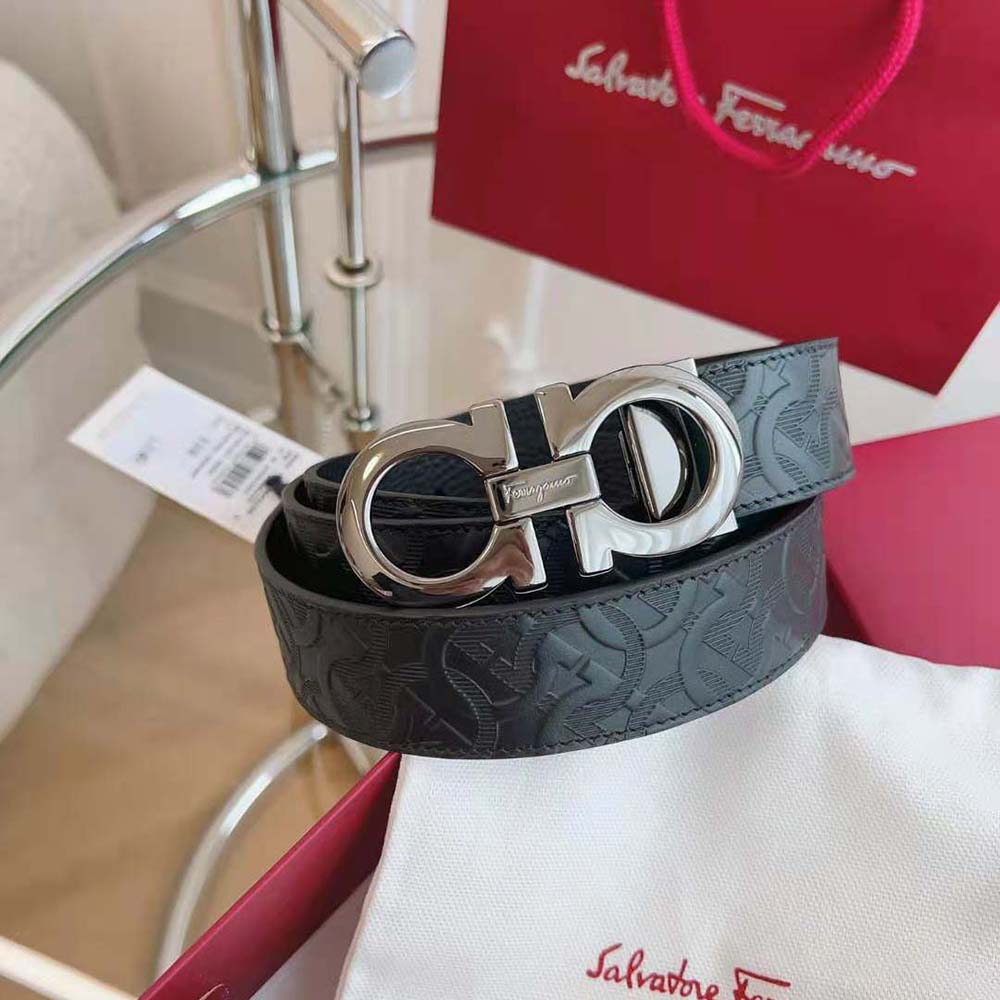Side angle showing reversible leather texture on Salvatore Ferragamo belt