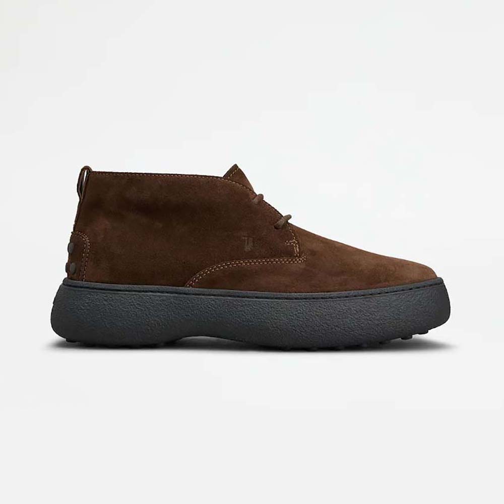 Side view of Tod’s Men W. G. Desert Boots in Suede-Chocolate showing silhouette