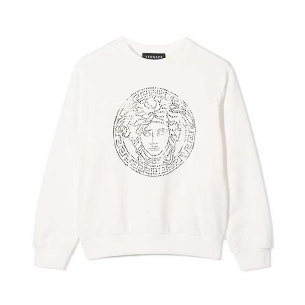 Front view of Versace Men Embroidered Medusa Sliced Sweatshirt-White showing embroidery