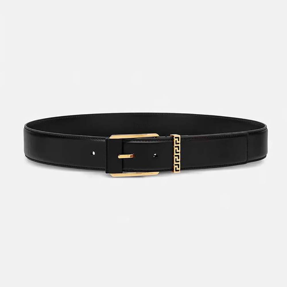 Front view of Versace Unisex Greca Accent Leather Belt-Black with gold buckle