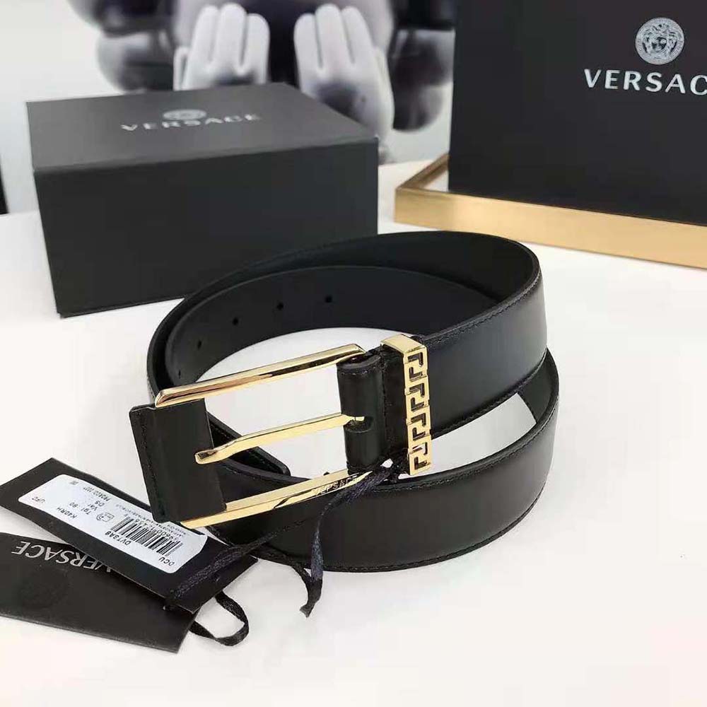 Side angle showing black leather texture on Versace Unisex Greca Accent Leather Belt