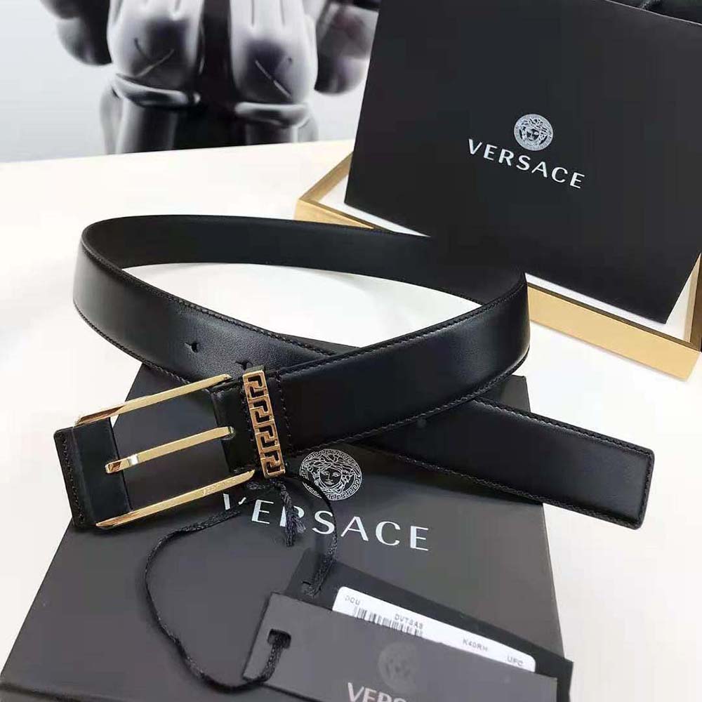 Versace Unisex Greca Accent Leather Belt-Black - image 4