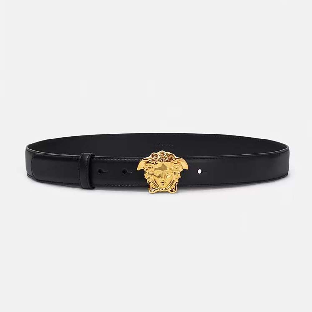 Front view of Versace Unisex La Medusa Leather Belt-Black with gold buckle