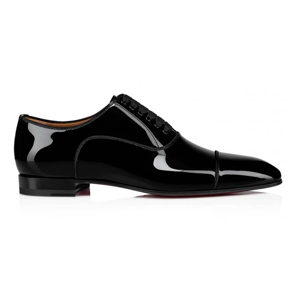 Side view of Christian Louboutin Men Greggo Lace-up Shoes in black patent leather