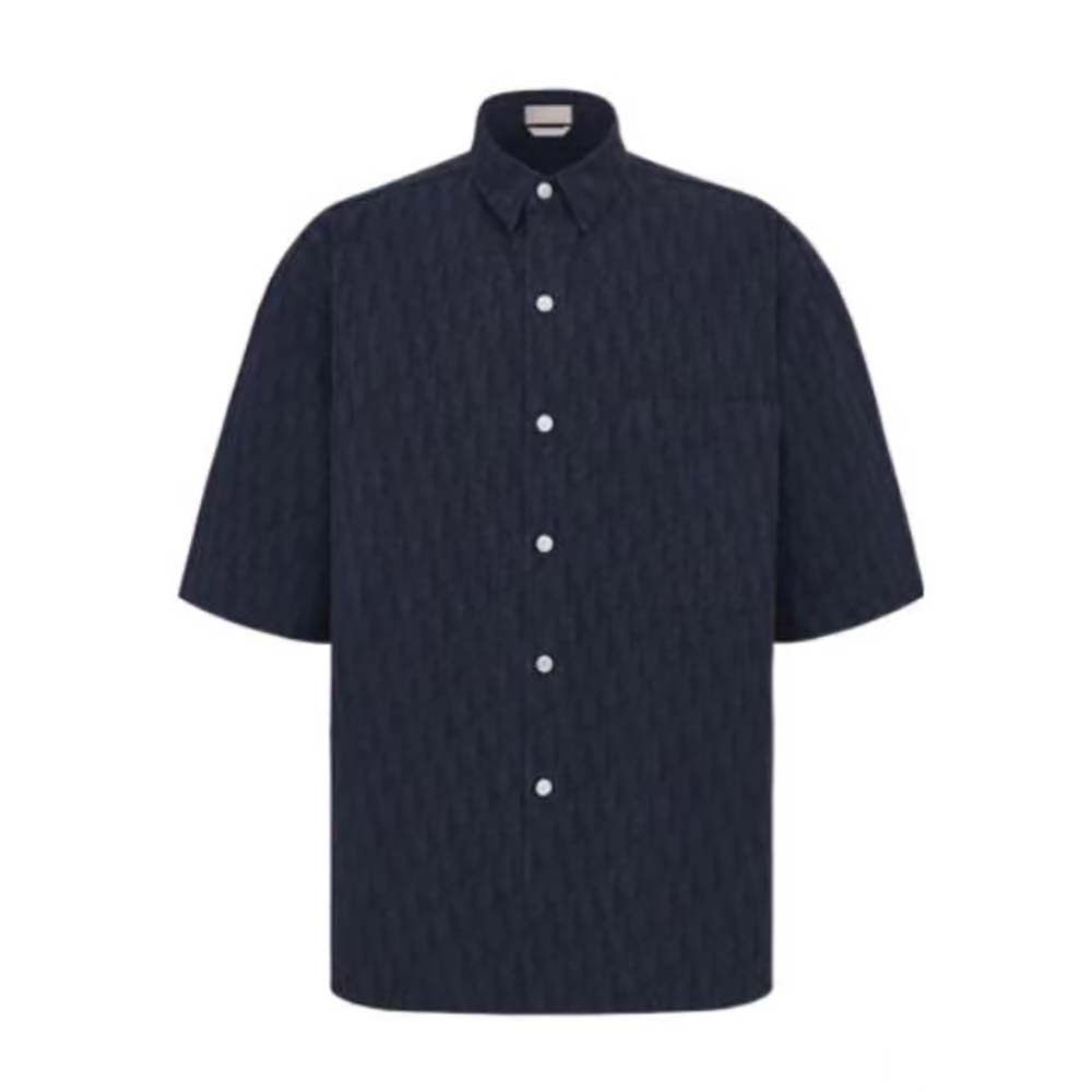 Front view of Dior Men Dior Charm Short-Sleeved Shirt Navy Cotton Poplin