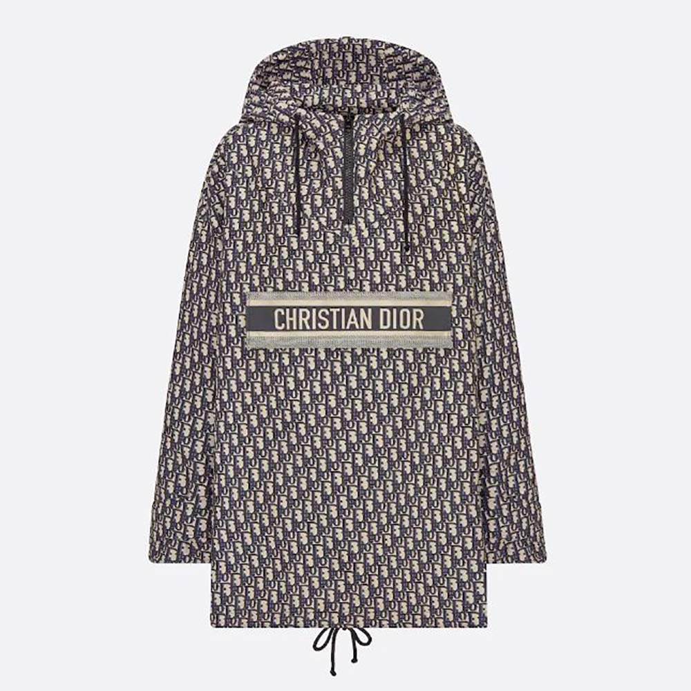 Front view of Dior Women Hooded Anorak Blue and Ecru in technical taffeta