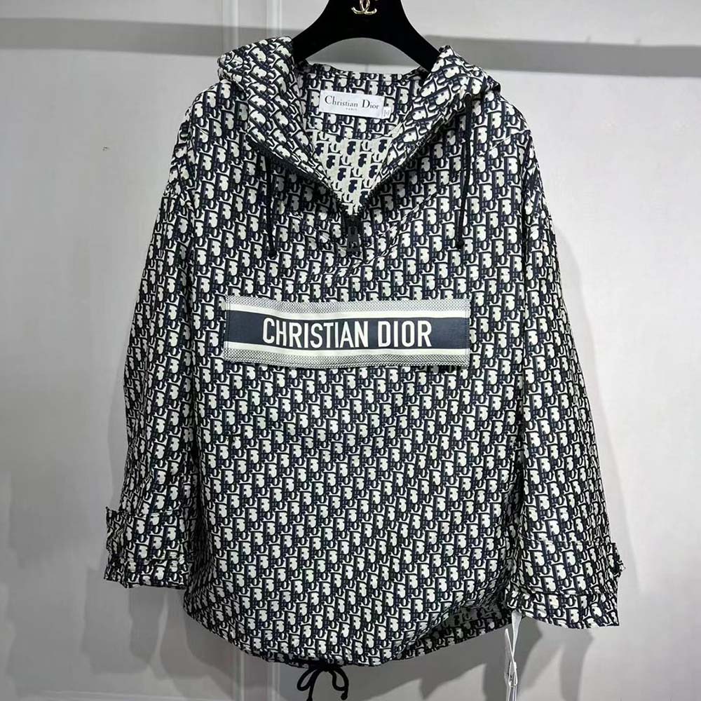 Dior Women Hooded Anorak Blue and Ecru Technical Taffeta Jacquard with Dior Oblique Motif - image 4
