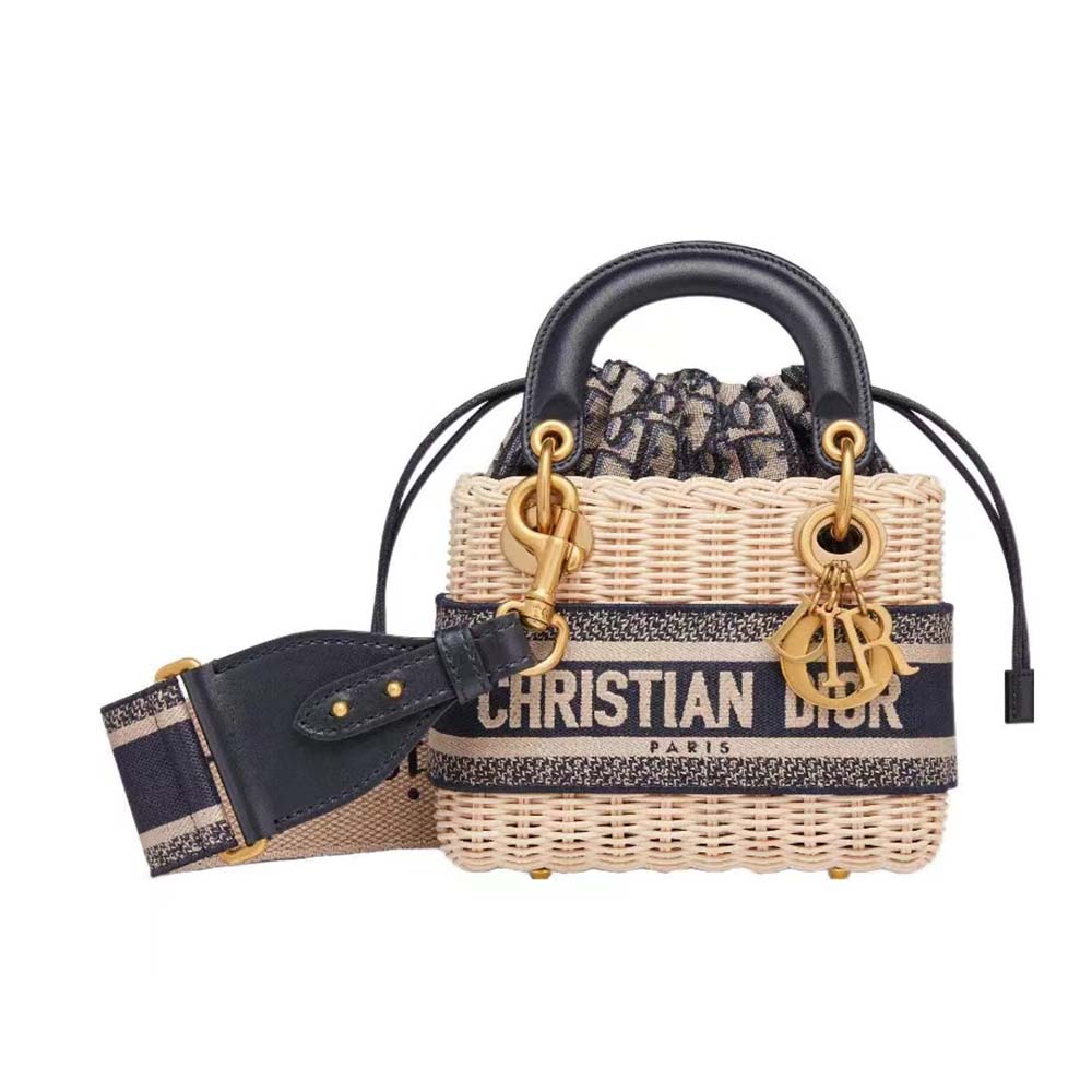 Front view of Dior Women Small Lady Dior Bag Natural Wicker and Blue Dior Oblique Jacquard
