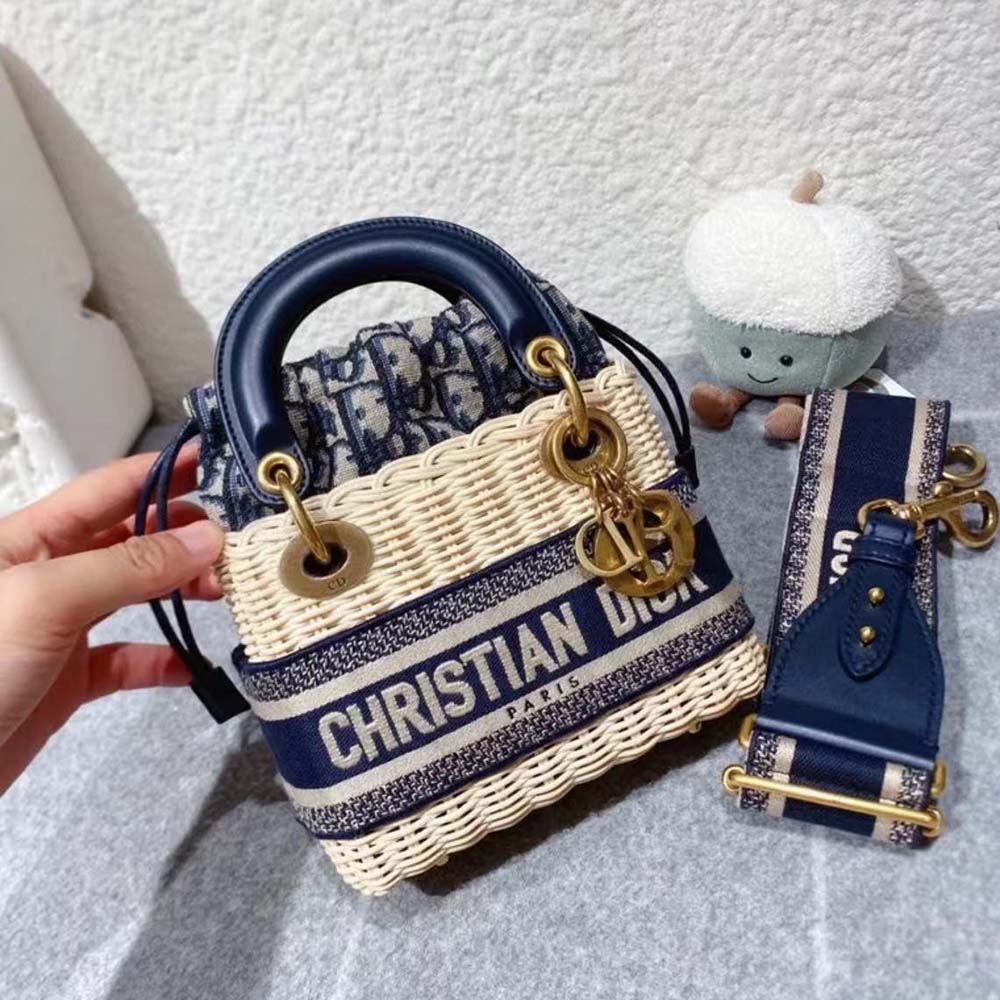 Dior Women Small Lady Dior Bag Natural Wicker and Blue Dior Oblique Jacquard - image 4