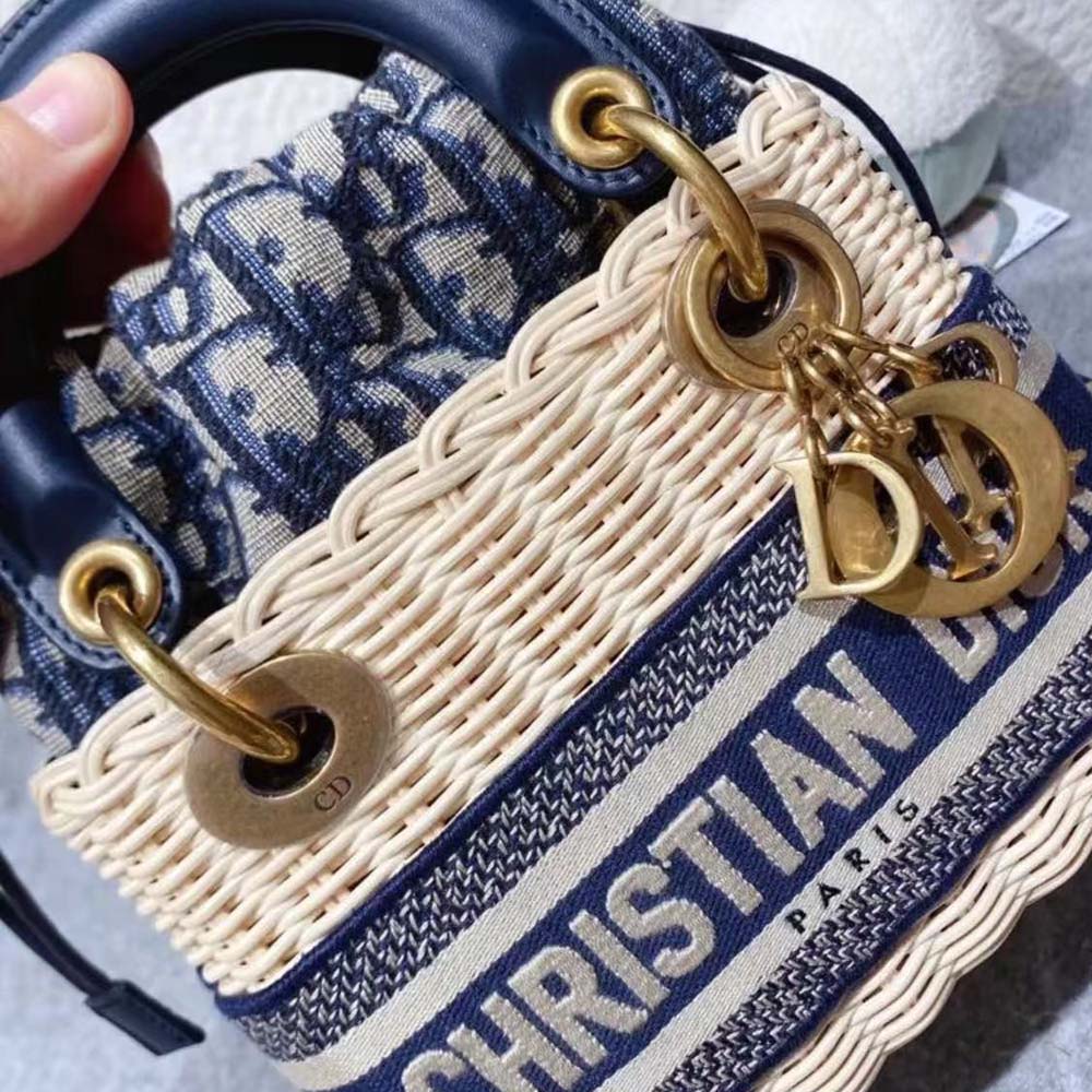 Dior Women Small Lady Dior Bag Natural Wicker and Blue Dior Oblique Jacquard - image 5