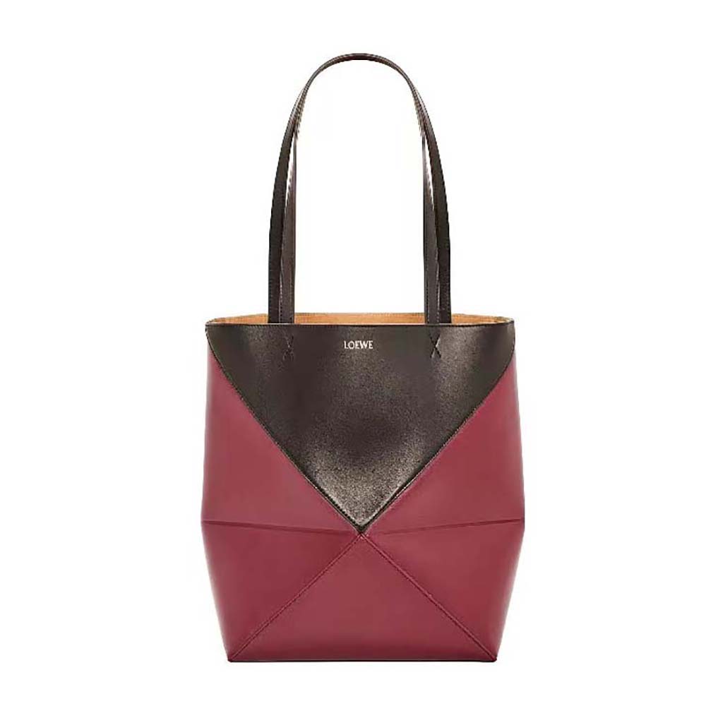 Front view of Loewe Unisex Puzzle Fold Tote in Shiny Calfskin-Black