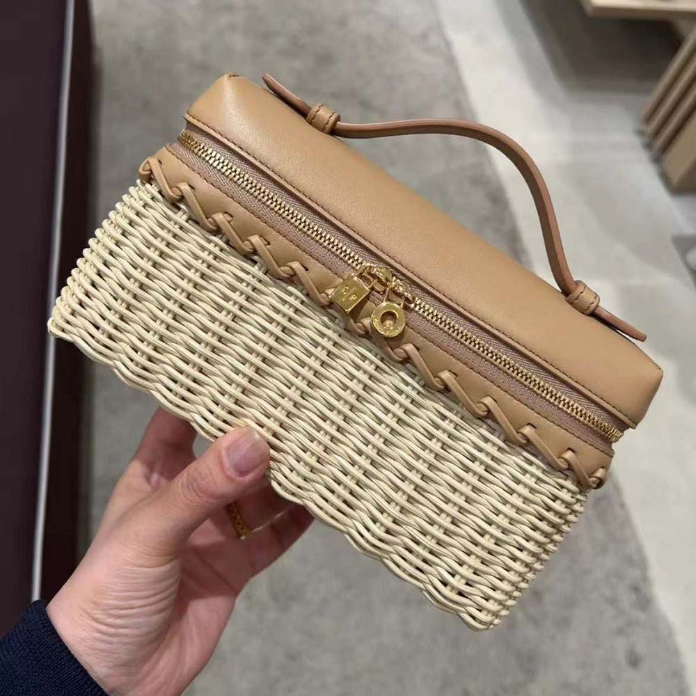 Side view showing silhouette and leather trim of Loro Piana Women Extra Pocket L19 East-West Wicker