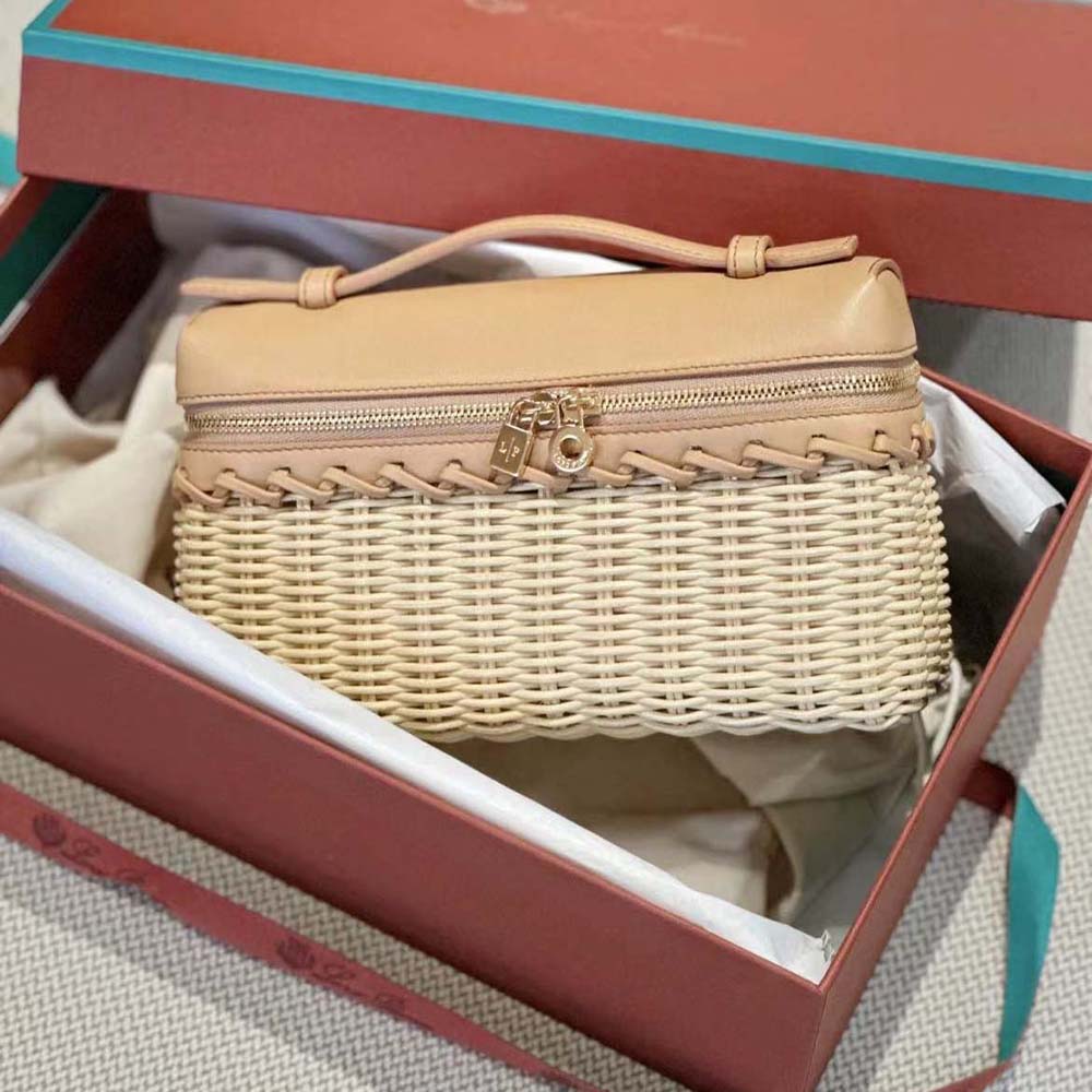 Close-up of woven wicker texture and hardware on Loro Piana Women Extra Pocket L19 East-West Wicker