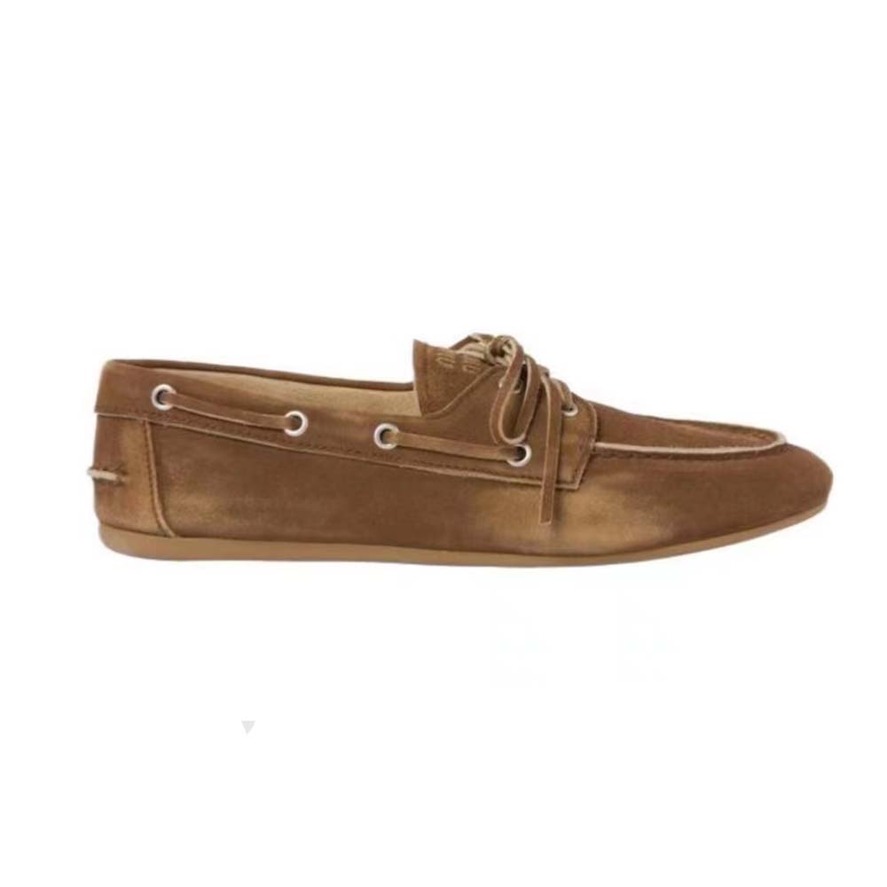 Side view of Miu Miu Women Unlined Bleached Leather Loafers-Brown showing silhouette