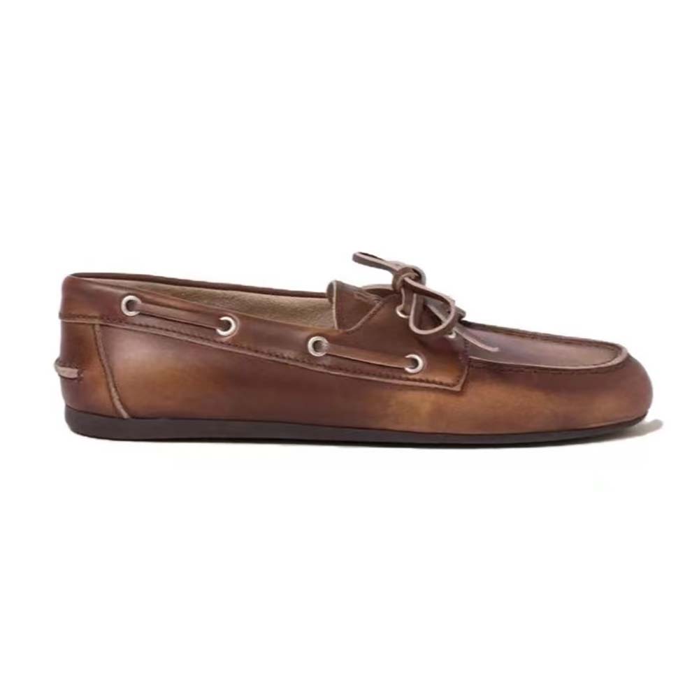 Side profile of Miu Miu Women Unlined Bleached Leather Loafers-Brown