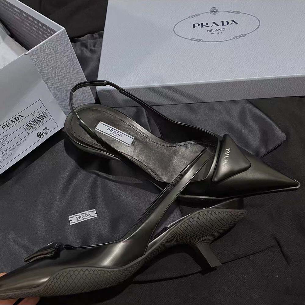 Prada Women Brushed Leather Slingback Pumps-Black - image 4