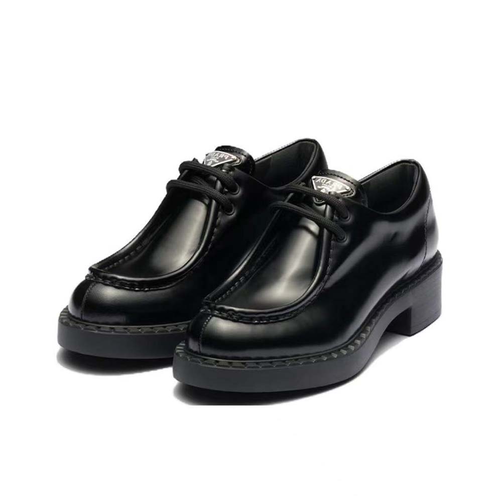 Side view of Prada Women Monolith Brushed Leather Lace-up Shoes-Black