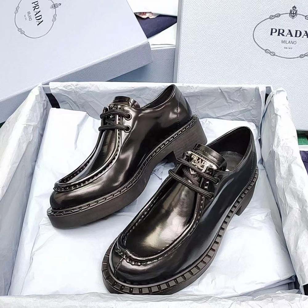 Prada Women Monolith Brushed Leather Lace-up Shoes-Black - image 4