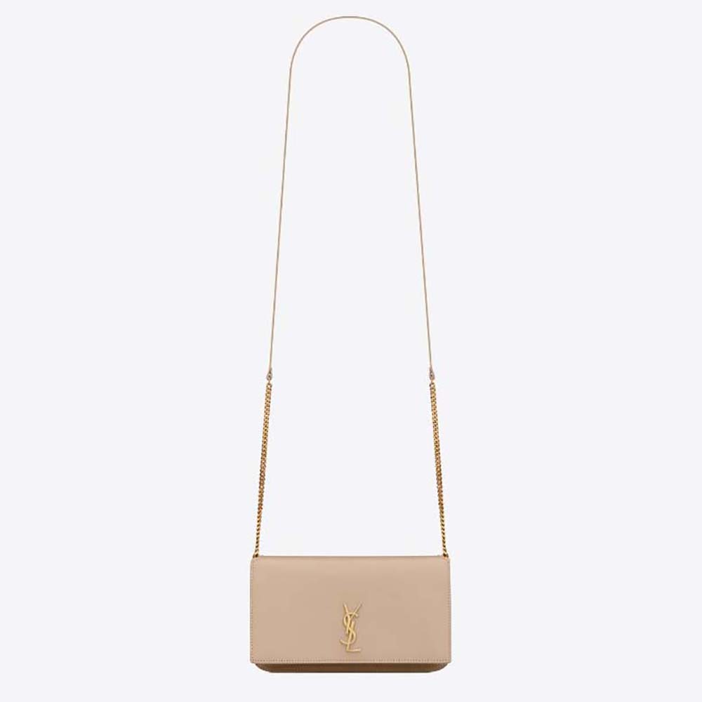 Front view of Saint Laurent YSL Women Cassandre Phone Holder in Sandy leather