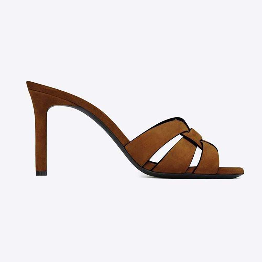 Side profile of Saint Laurent YSL Women Tribute Mules in brown suede