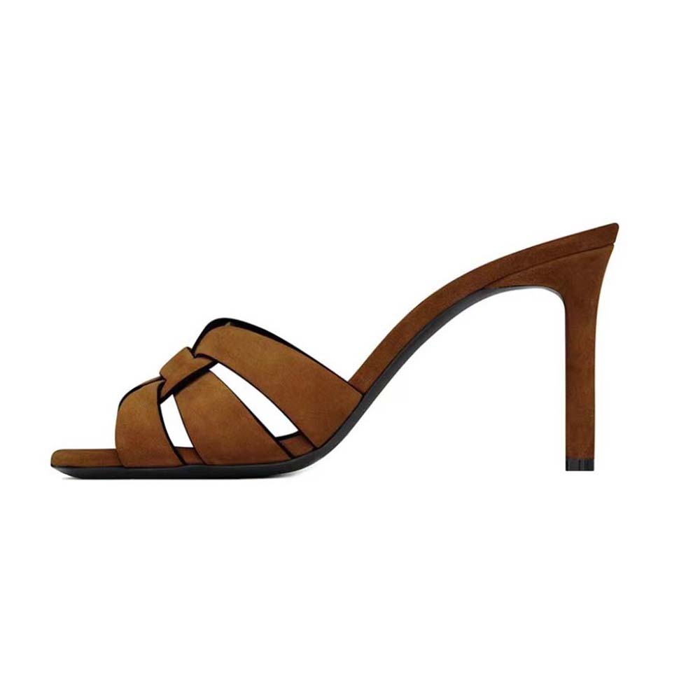 Rear view showing high heel on Saint Laurent YSL Tribute Mules