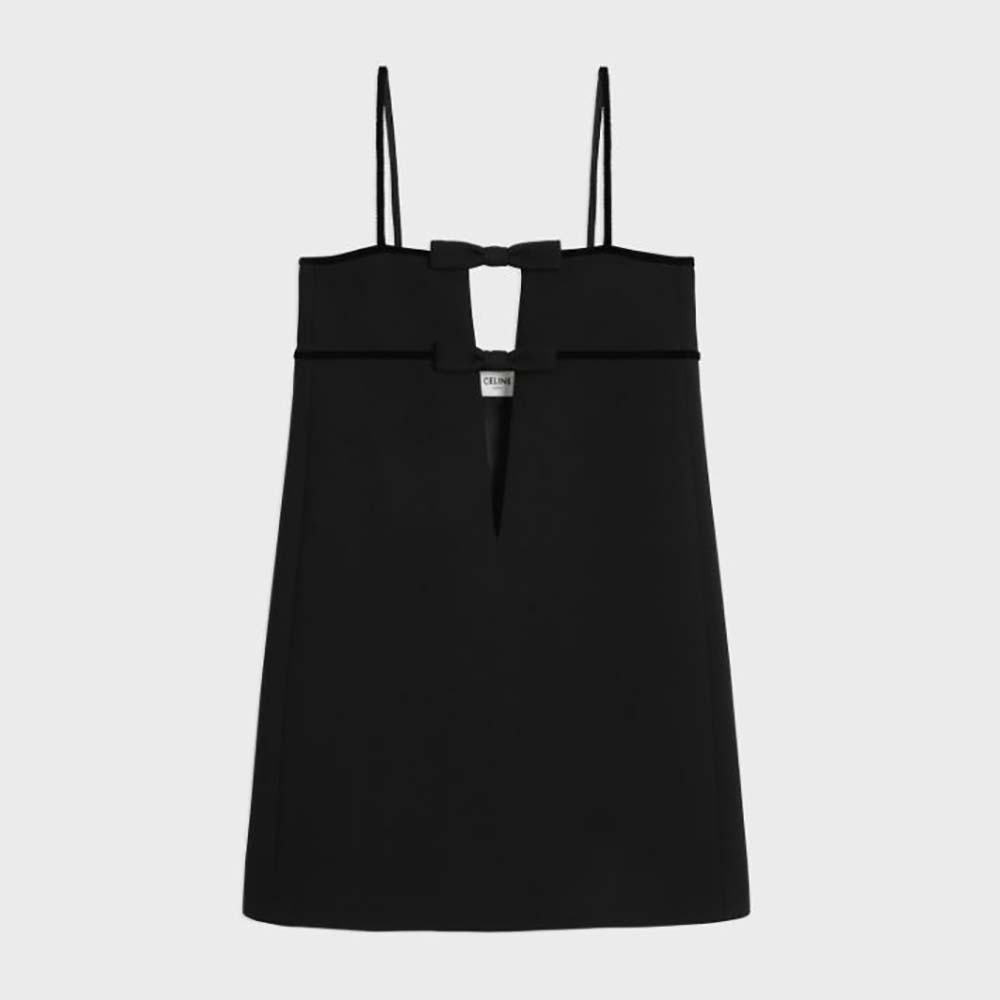 Front view of Celine Women Trapeze Mini Dress in Double Wool-Black