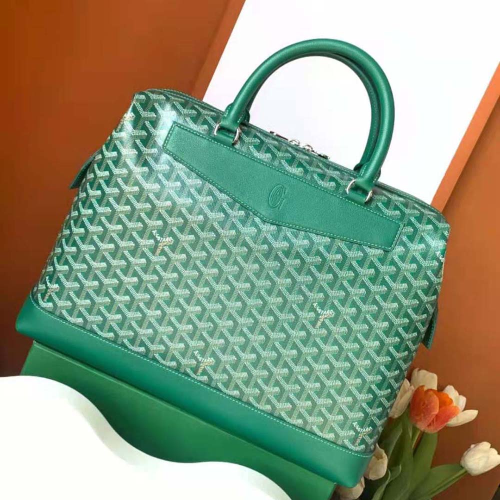 Side angle of slim Goyard Unisex Cisalpin Document Case-Green displaying leather trim
