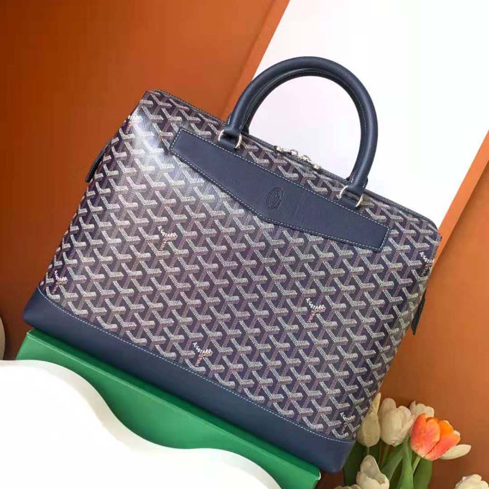 Side angle showing slim profile of Goyard Unisex Cisalpin Document Case-Navy