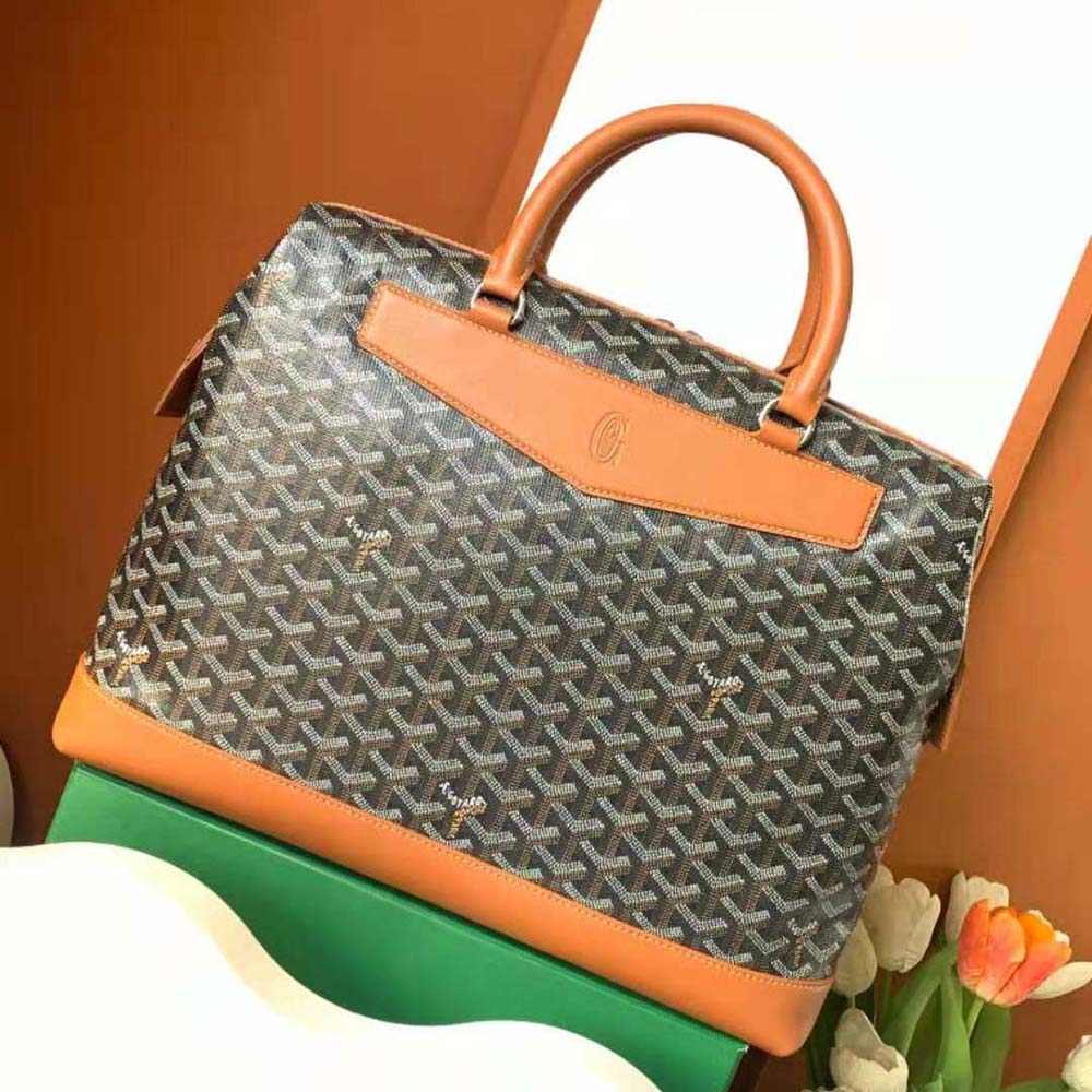Side angle showing slim profile of Goyard Unisex Cisalpin Document Case-Tan
