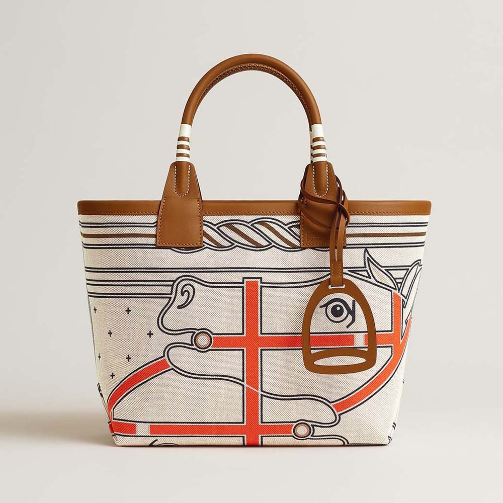 Front angle of Hermes Unisex Steeple 25 Cais Ecru Tote Bag-Brown