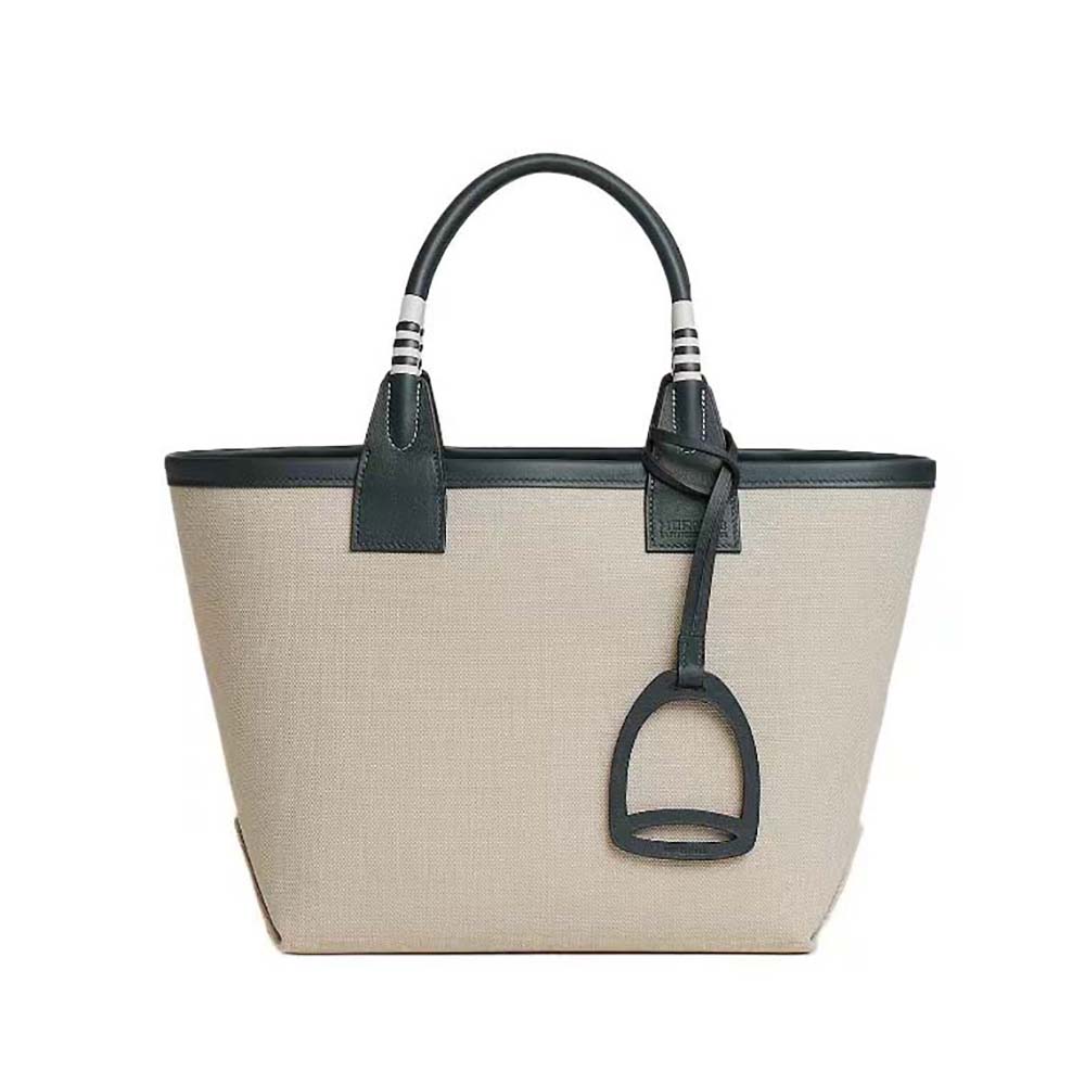 Front view of Hermes Unisex Steeple 25 Ecru Tote Bag-Black with handles