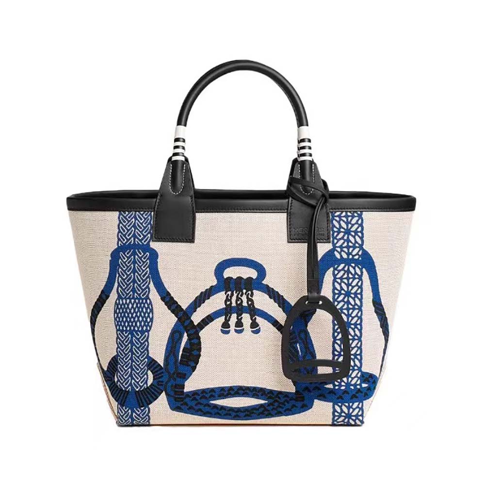 Front view of Hermes Unisex Steeple 25 Ecru Tote Bag-Blue highlighting silhouette
