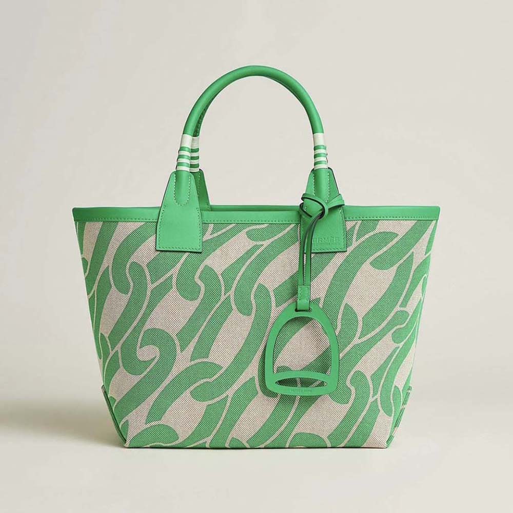 Front profile of Hermes Unisex Steeple 25 Ecru Tote Bag-Green