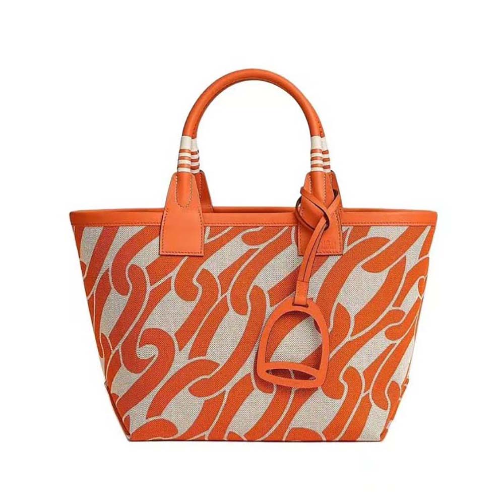 Front view of Hermes Unisex Steeple 25 Ecru Tote Bag-Orange with clasp