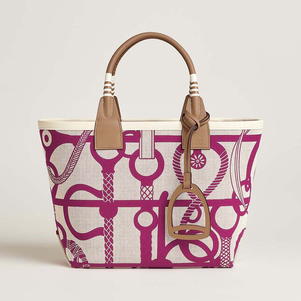 Front view of Hermes Unisex Steeple 25 Ecru Tote Bag-Purple