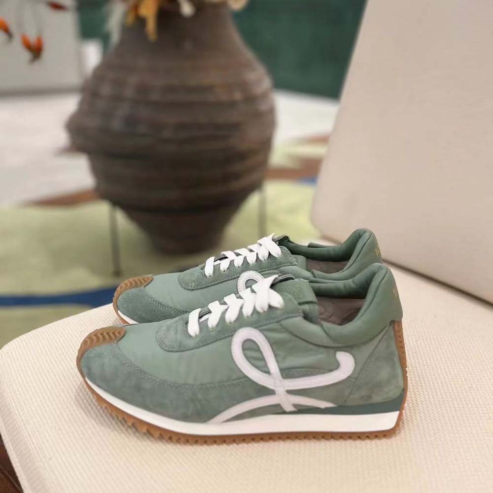 Close-up of green suede and nylon textures on Loewe Flow Runner